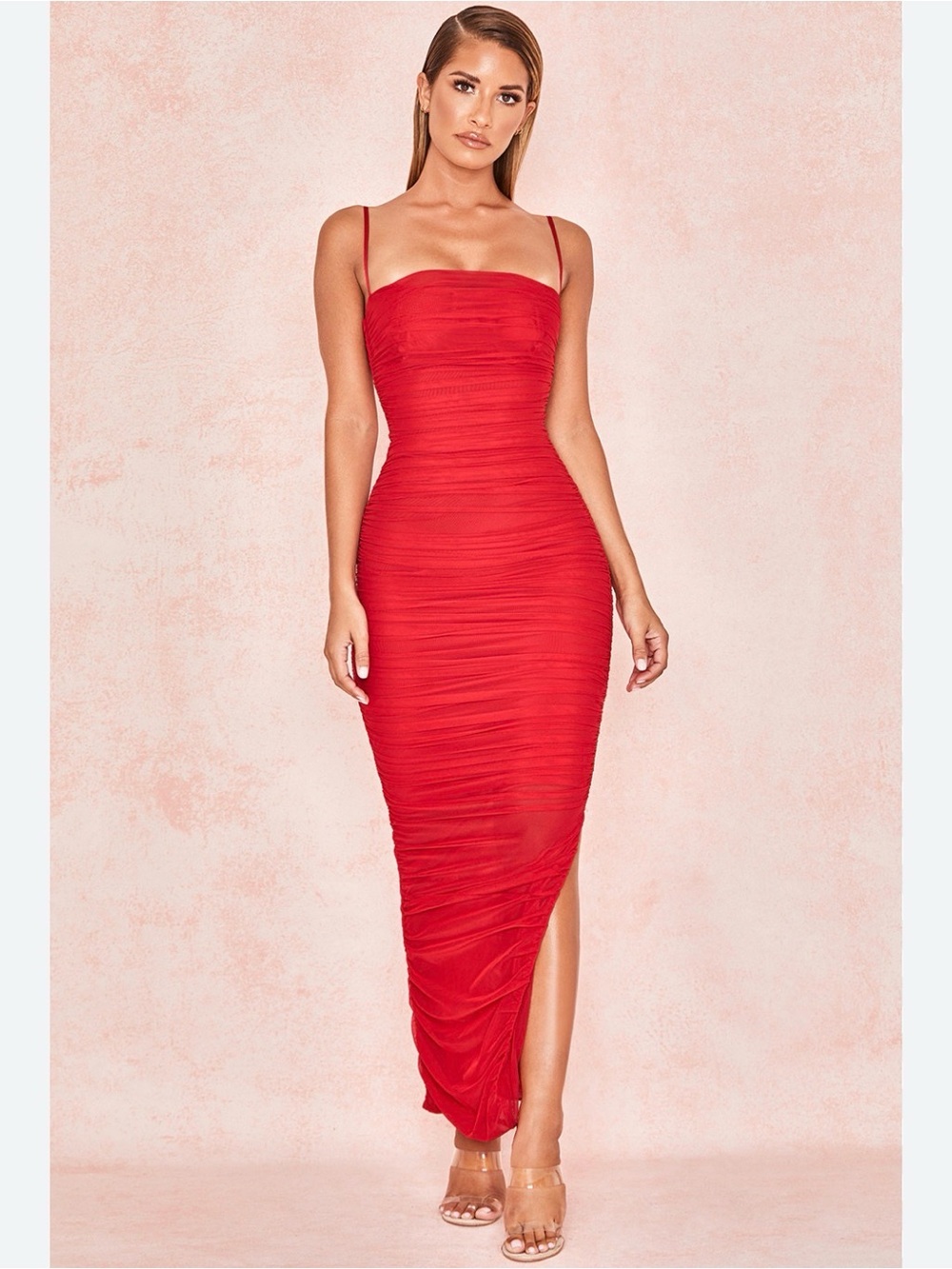privy Red Ruched Maxi Slip Dress with Spaghetti Straps